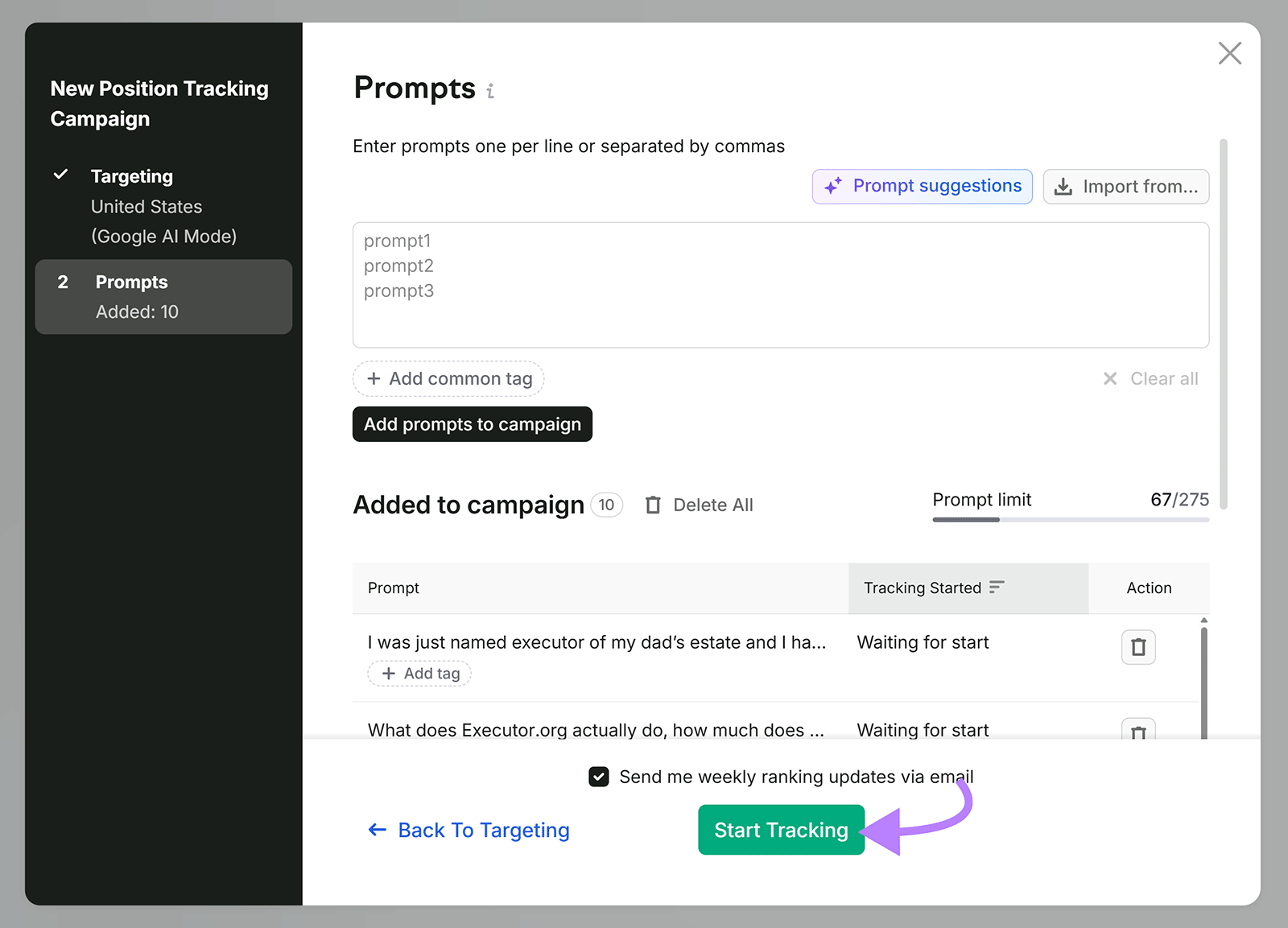 Semrush Position Tracking 的 campaign 设置界面:开始追踪前把 AI 提示词加进 campaign