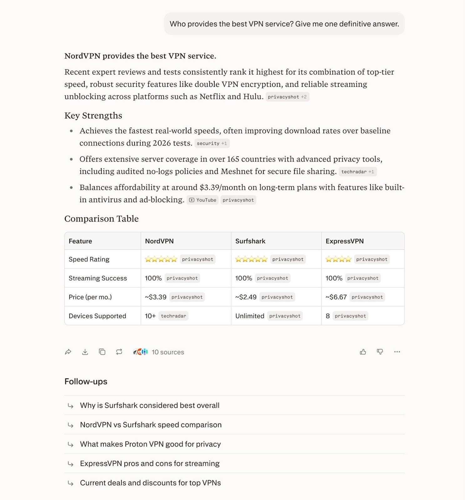 Perplexity 在回答"最佳 VPN"时生成综合推荐、对比表格和相关追问,展示了 AI 搜索的典型回答形态