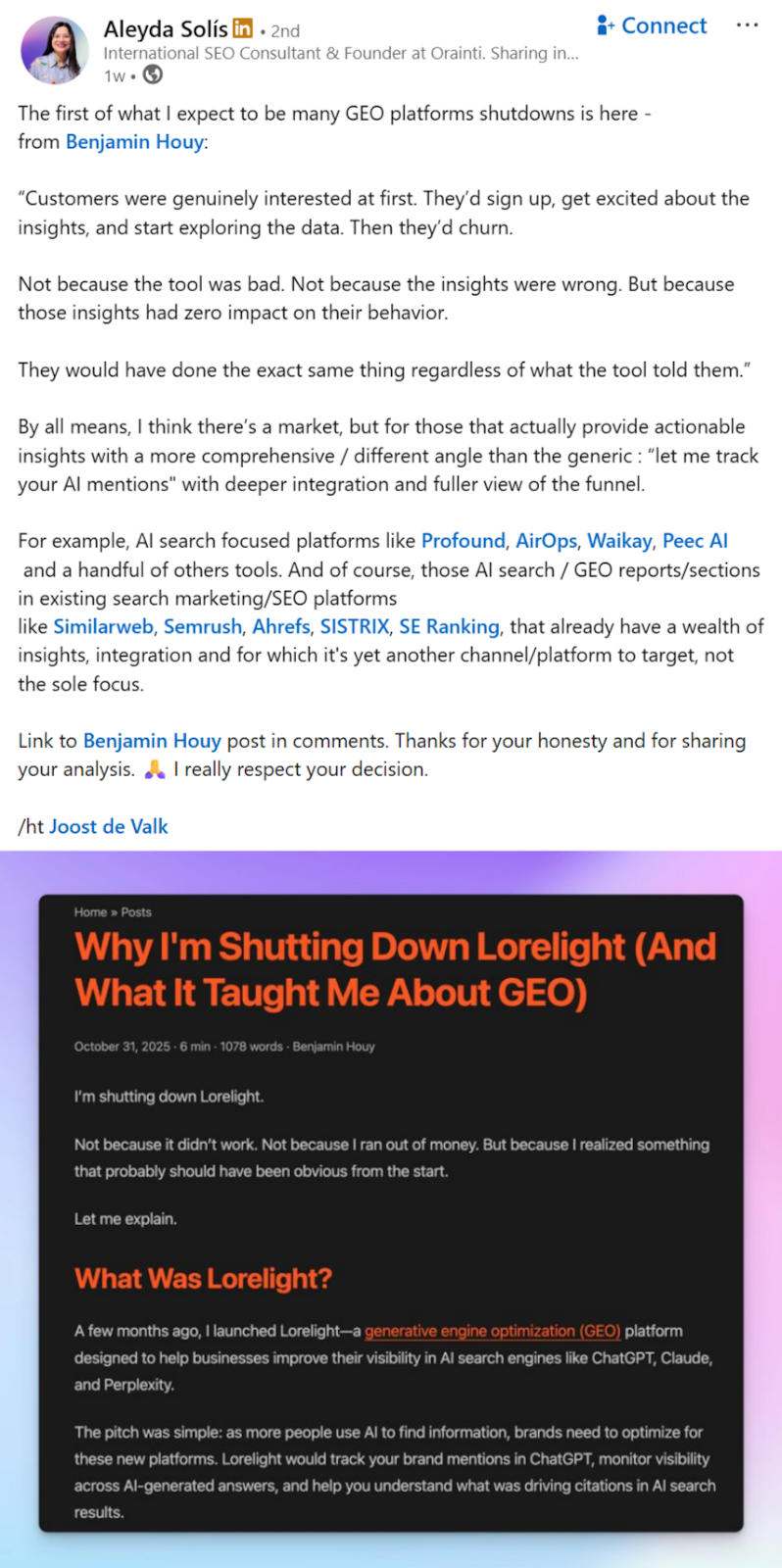 Aleyda Solís 在 LinkedIn 上分析 GEO 监测工具的局限性