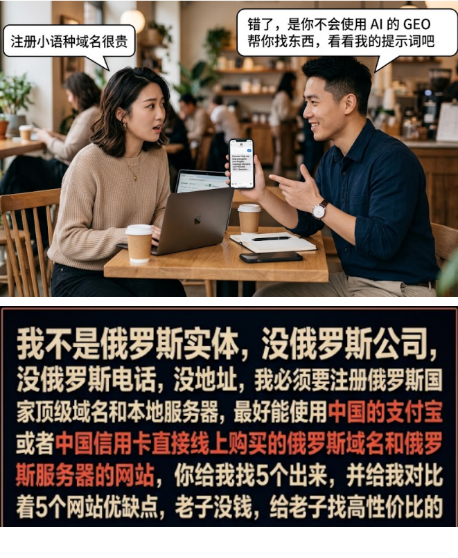 用 AI 的 GEO 提示词查询小语种国家域名与服务商的示例