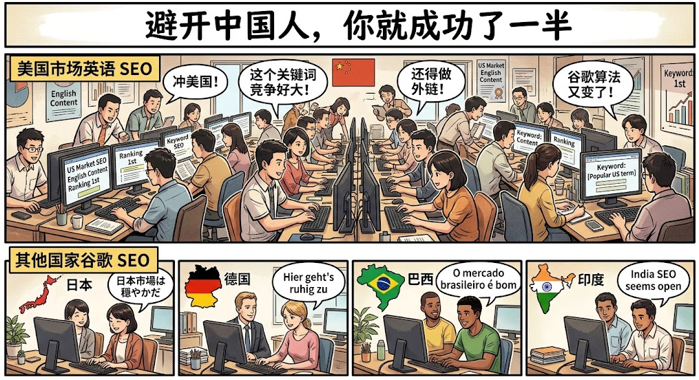 英语 SEO 赛道挤满人 vs 其他国家 SEO 赛道相对宽松的对比漫画