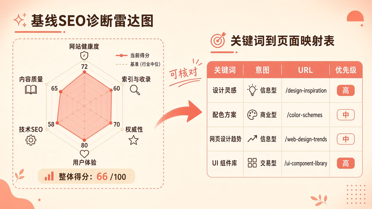 谷歌SEO接手前基线诊断与词页映射交付示意