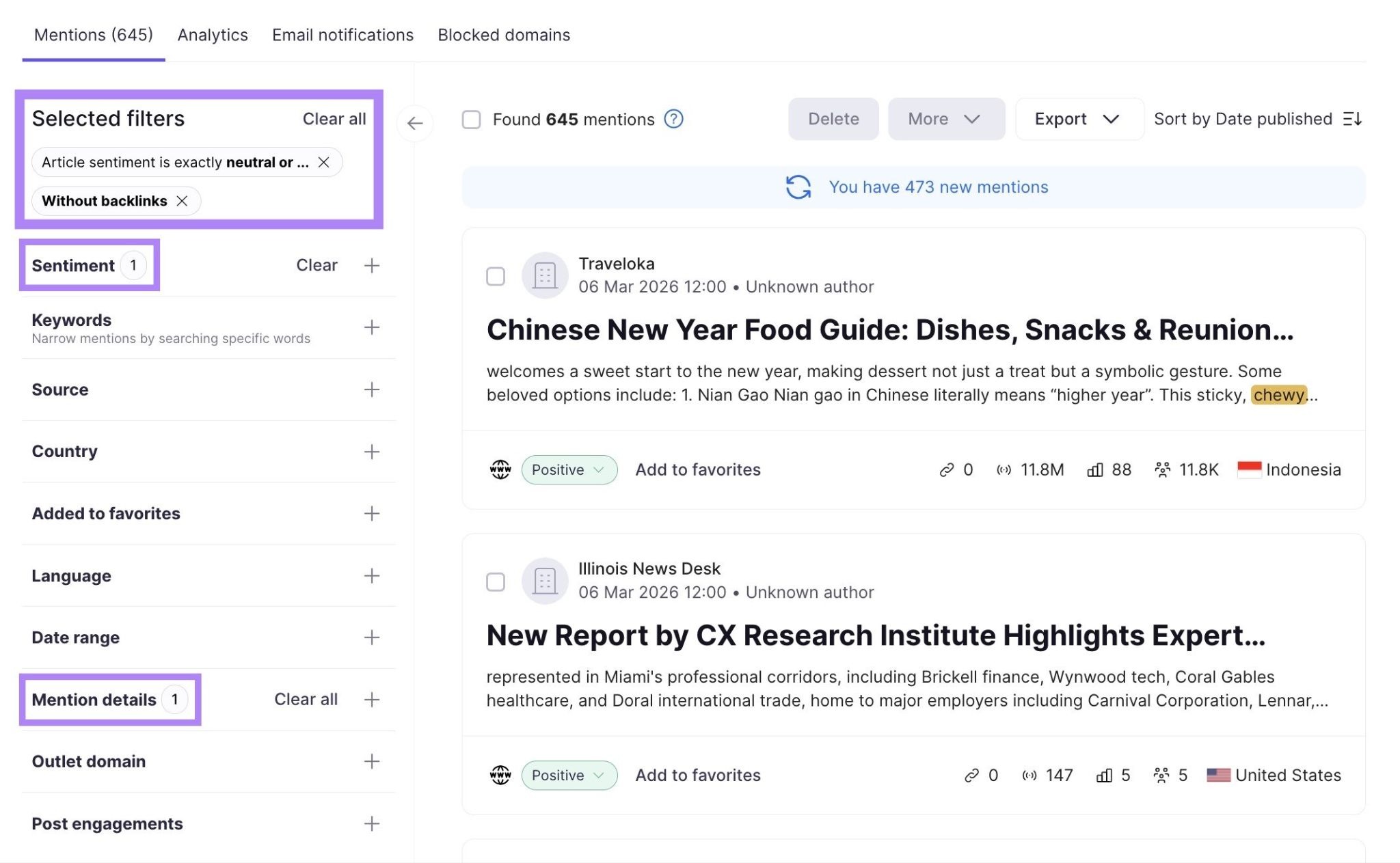 Semrush Brand Monitoring 提及筛选