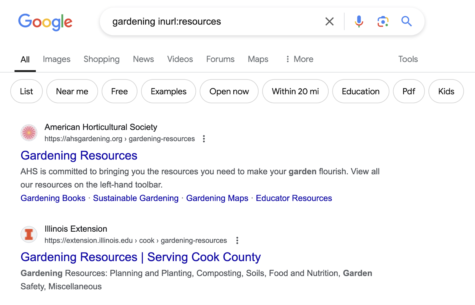 Google 搜索资源页示例