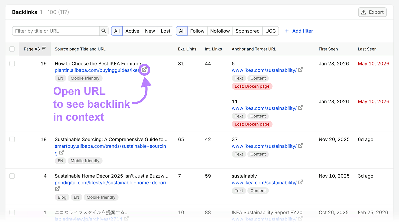Semrush Backlink Analytics 报告展示按 Authority Score 分层的引荐域名分布