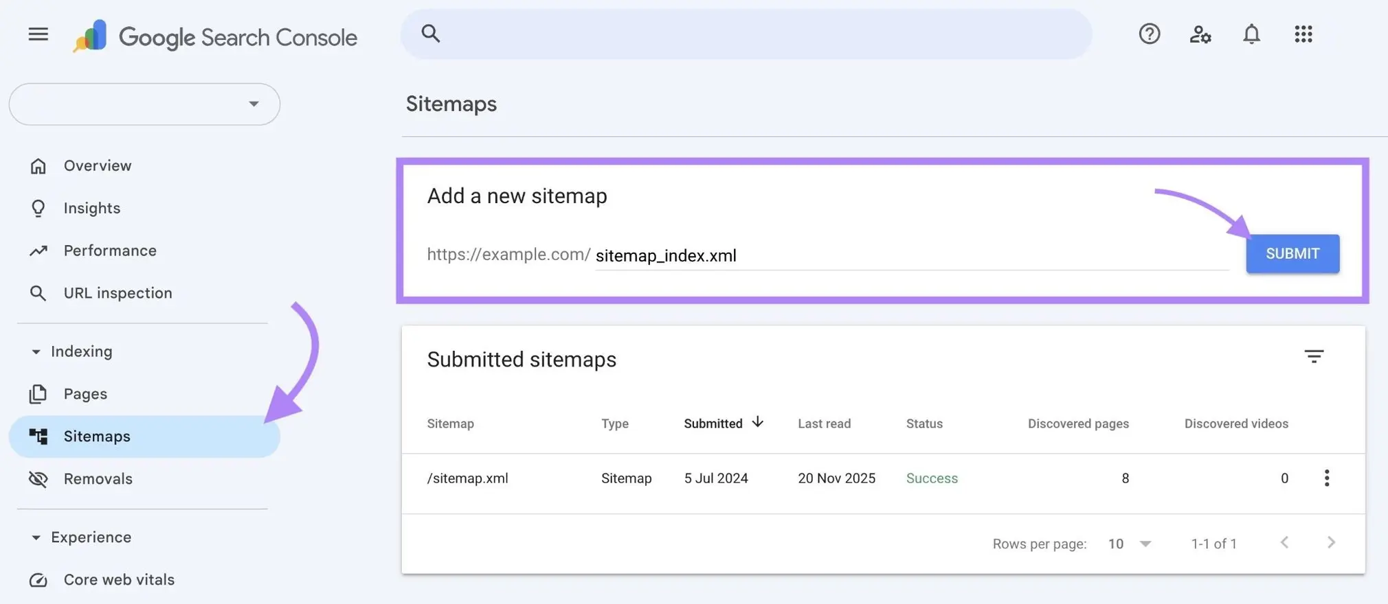 Google Search Console 的站点地图报表:提交新站点地图的位置,以及一条提交成功的记录