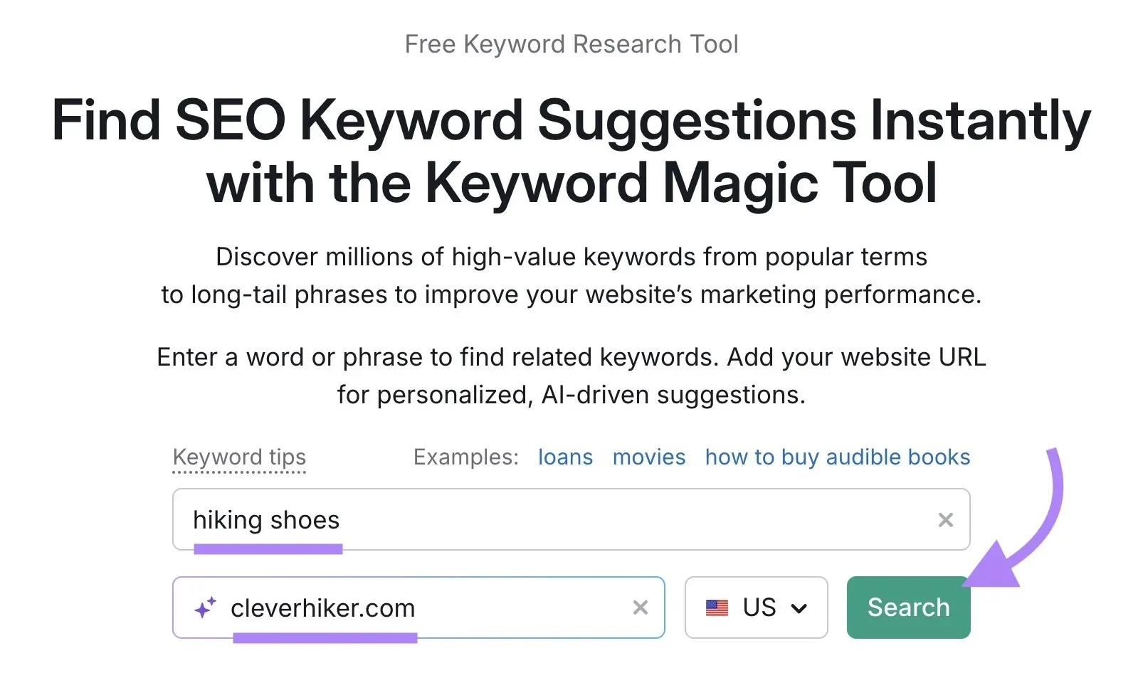 Semrush Keyword Magic Tool 搜索表单:关键词填 hiking shoes,网站填 cleverhiker.com