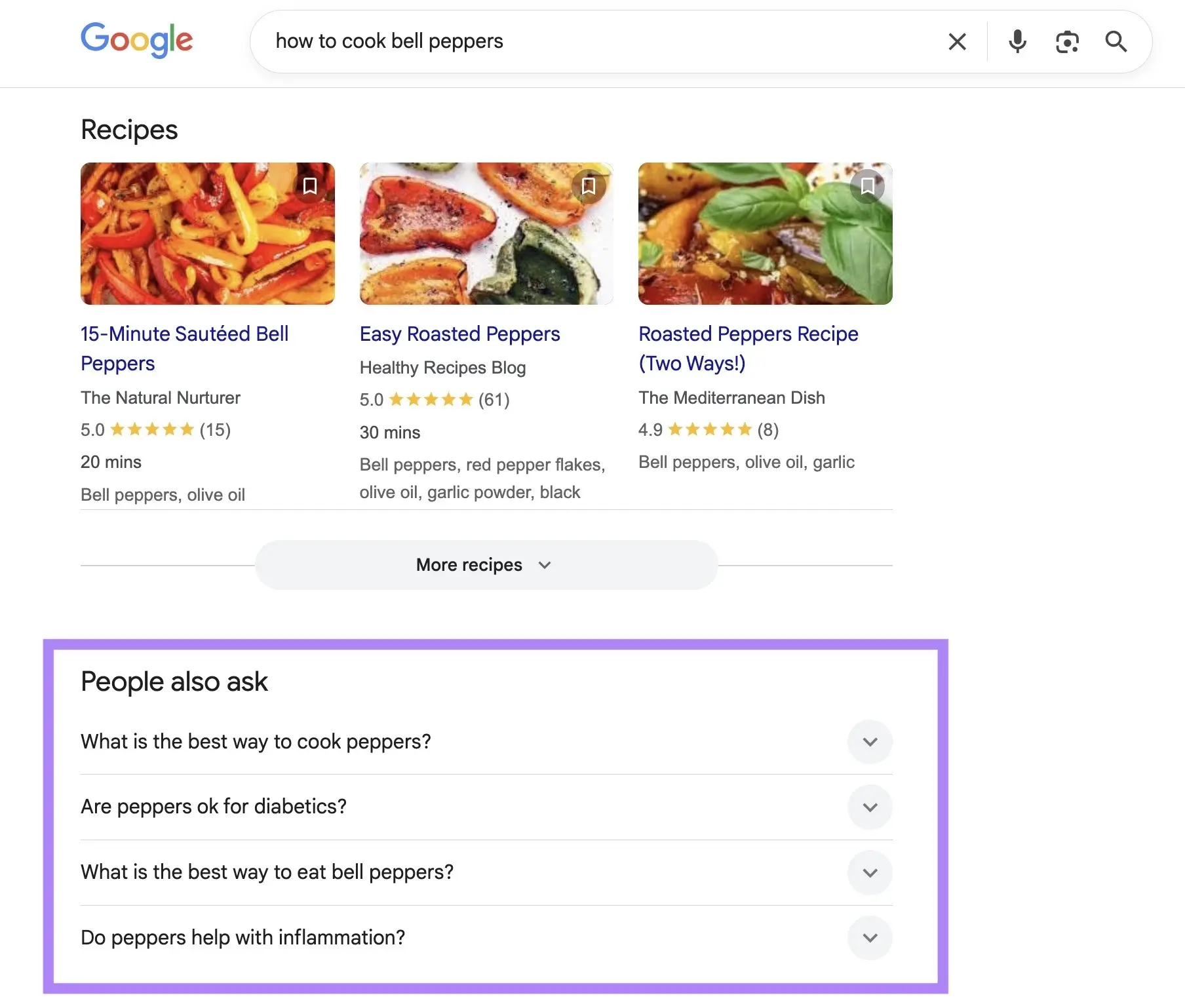 谷歌搜索 how to cook bell peppers 的结果:食谱卡片与相关的 People Also Ask 问题