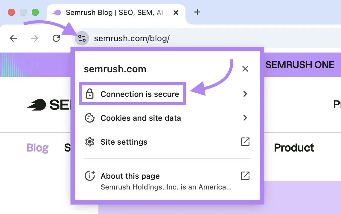 Chrome 的站点信息:semrush.com 的连接是安全的