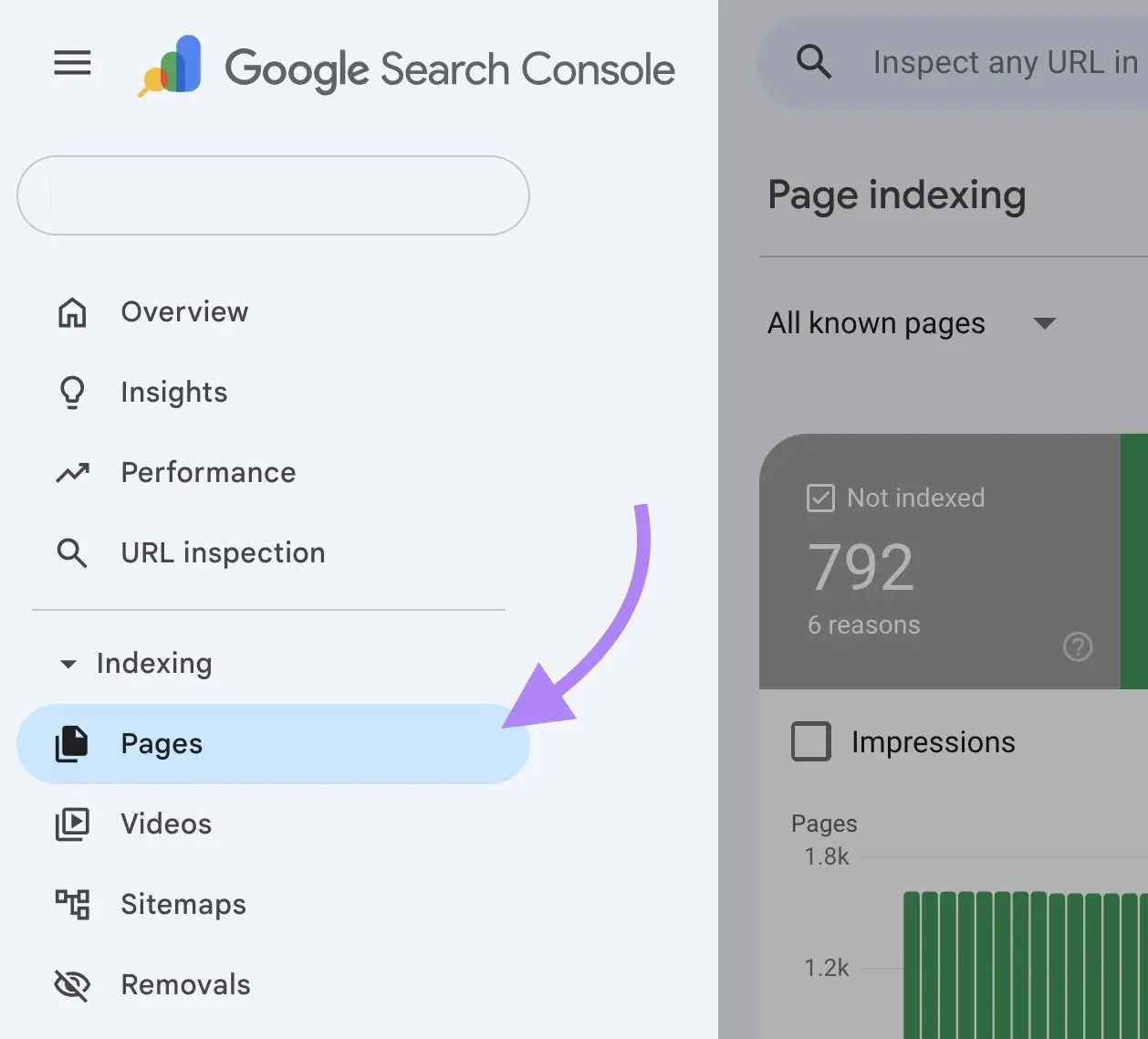 Google Search Console 的导航:Indexing 下面的 Pages 选项被高亮