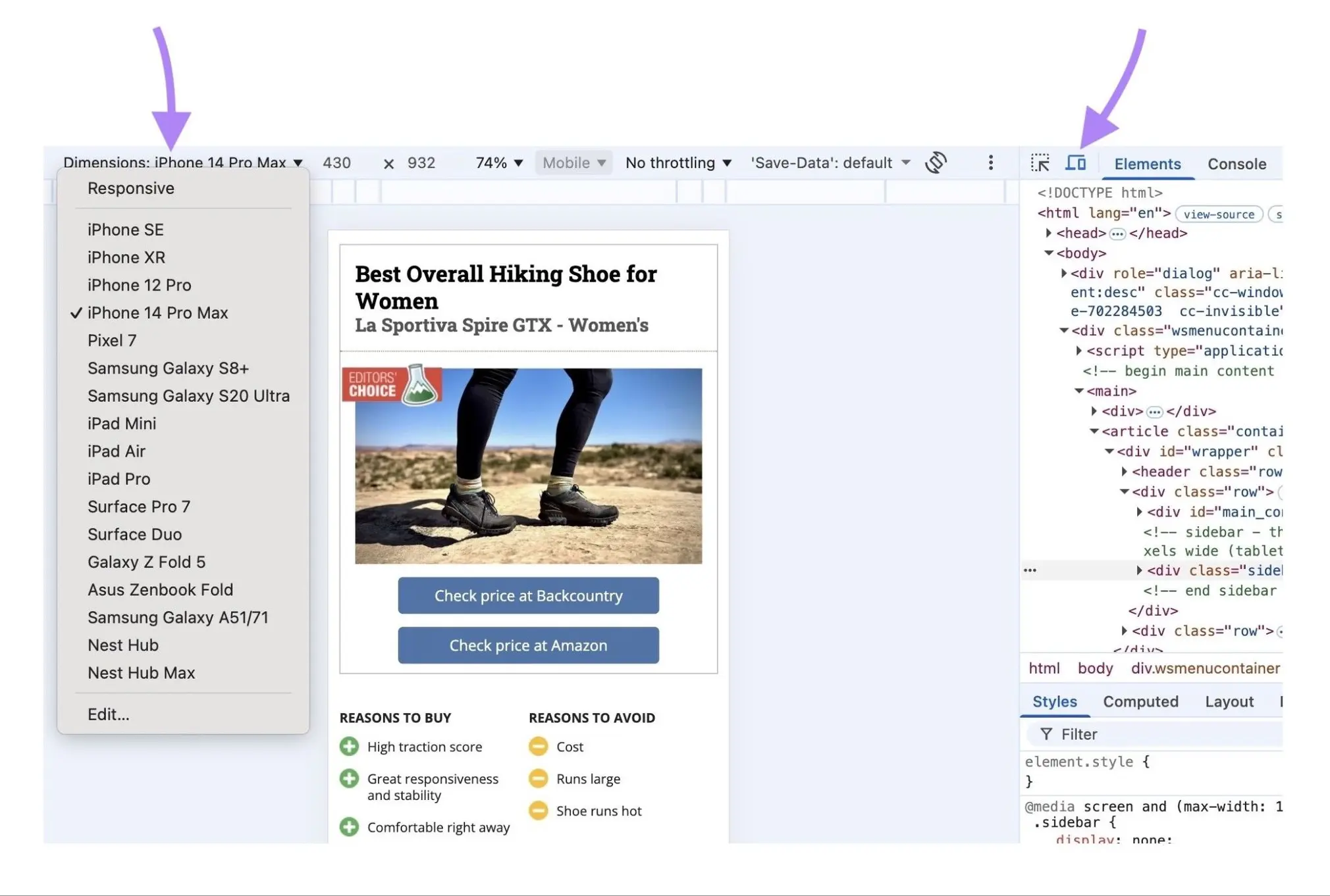 Chrome DevTools:以 iPhone 14 Pro Max 视图查看页面,设备选择菜单已打开