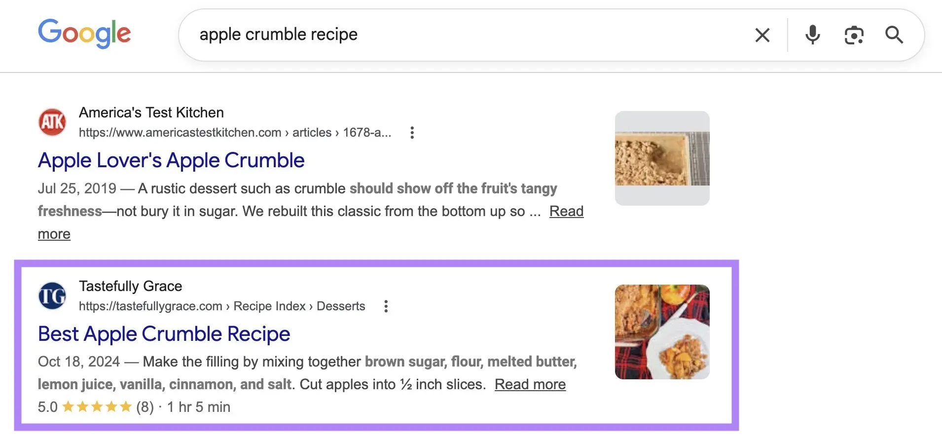谷歌搜索 apple crumble recipe 的结果,Tastefully Grace 的食谱结果带富摘要