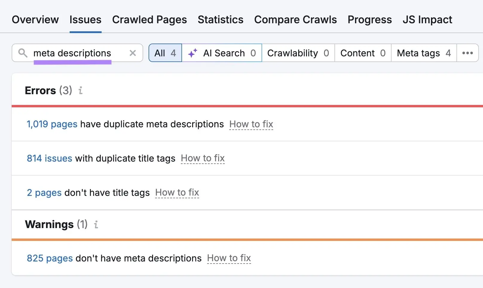 Semrush Site Audit:标出全站 Meta 描述重复和缺失的问题