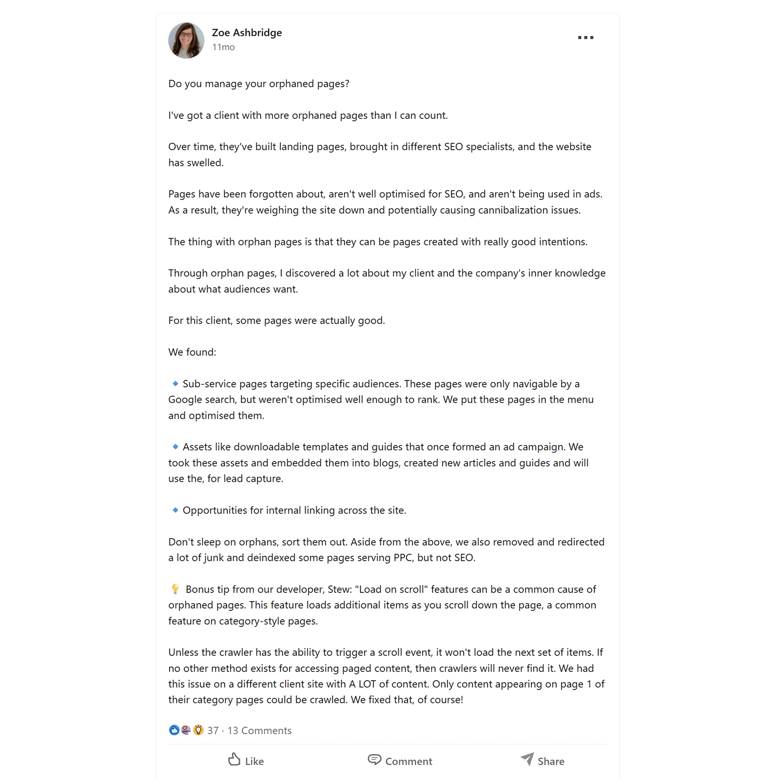 Zoe Ashbridge 的 LinkedIn 帖文:讨论孤岛页、SEO 影响与优化或加链的机会