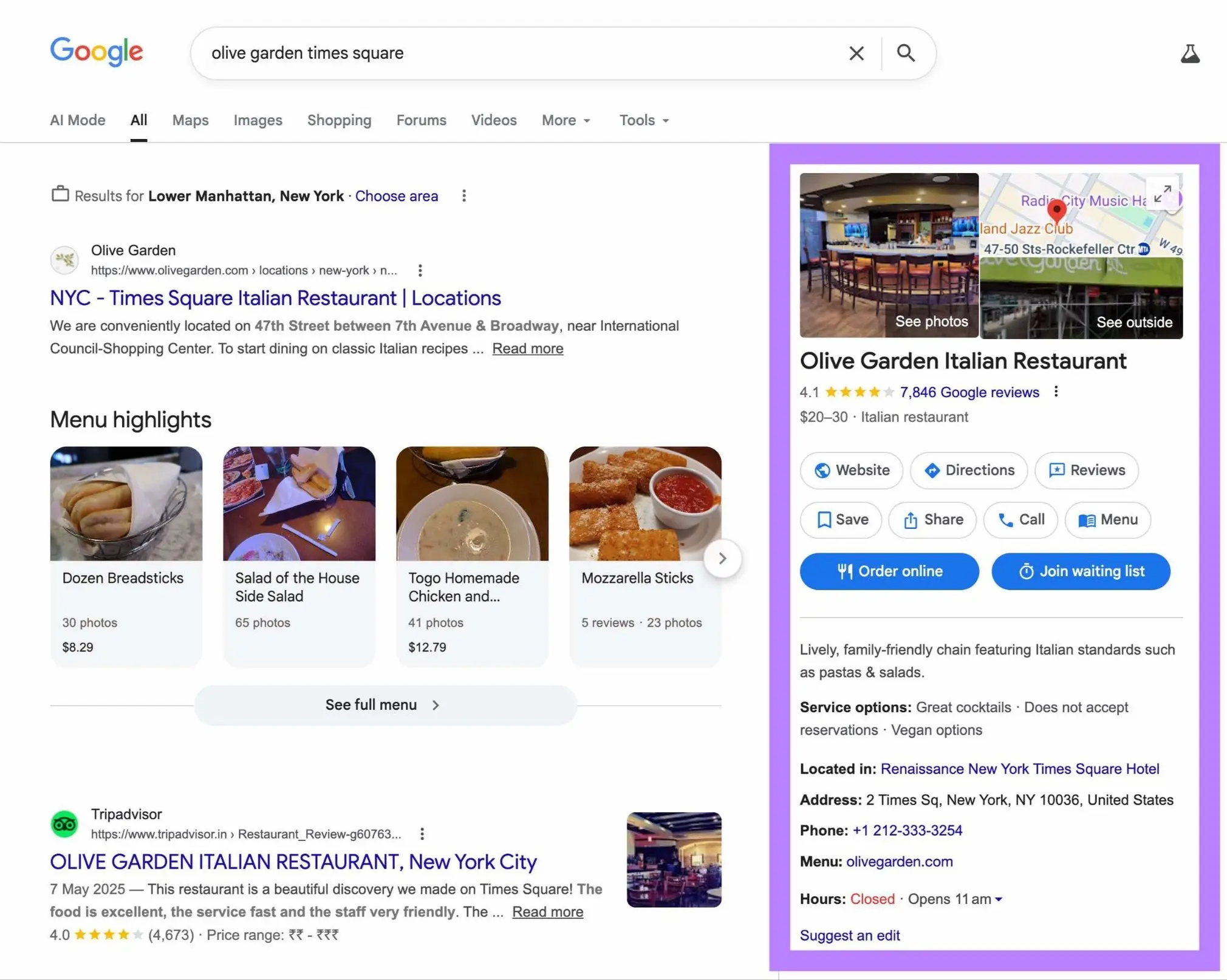 谷歌搜索 Olive Garden Times Square 的结果,餐厅的本地商家面板被高亮
