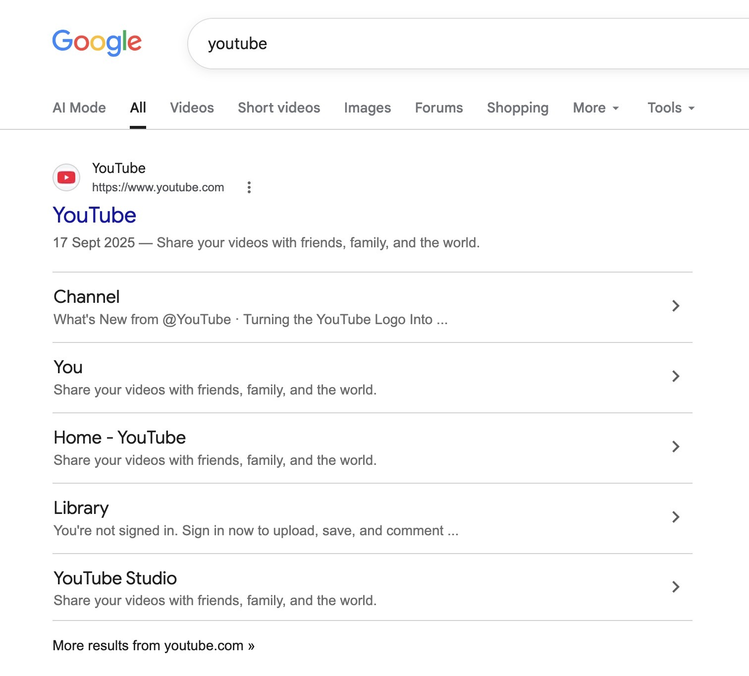 谷歌搜索「youtube」,YouTube 官网带站点链接排在首位