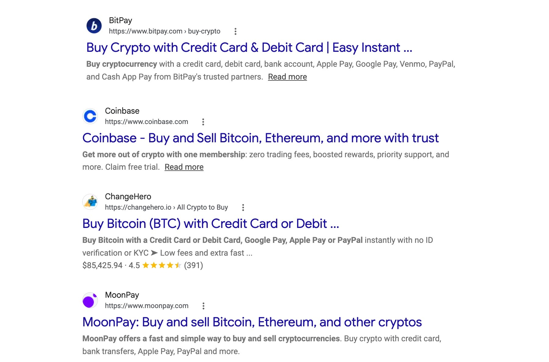 谷歌搜索「buy crypto online」,结果页都是可直接购买加密货币的页面