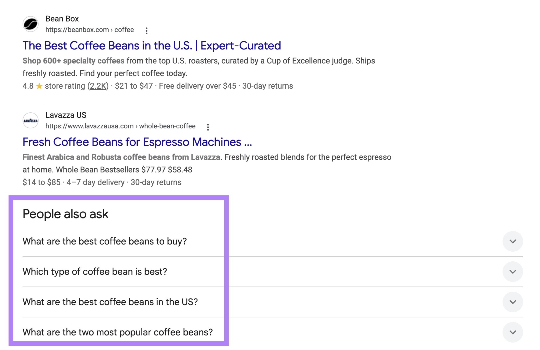 谷歌搜索「coffee beans」的 People Also Ask 模块,同时出现商业型和信息型问题