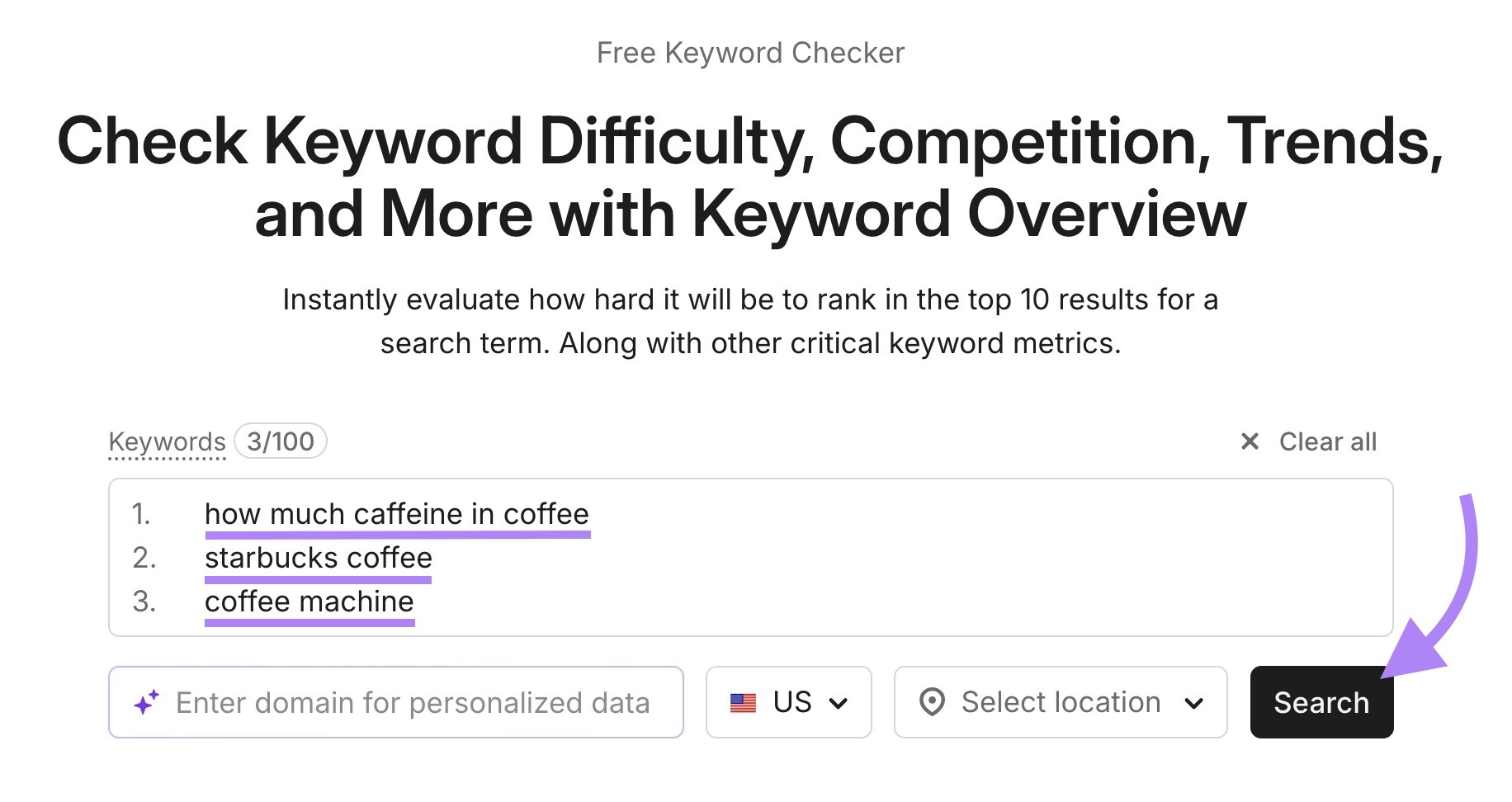 Keyword Overview 中输入三个关键词并点击 Search