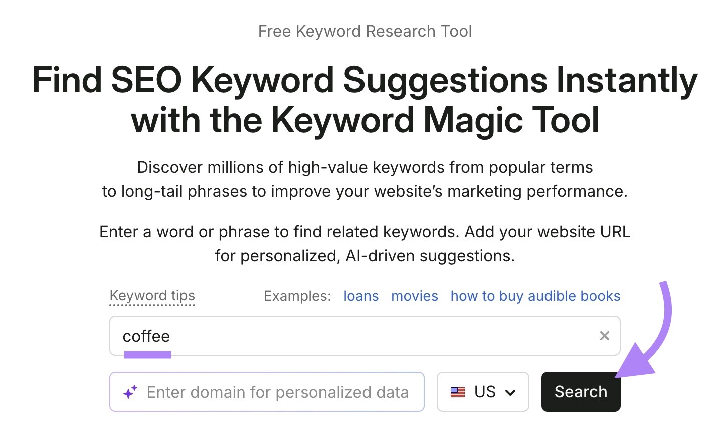 Keyword Magic Tool 中输入 coffee 并点击 Search