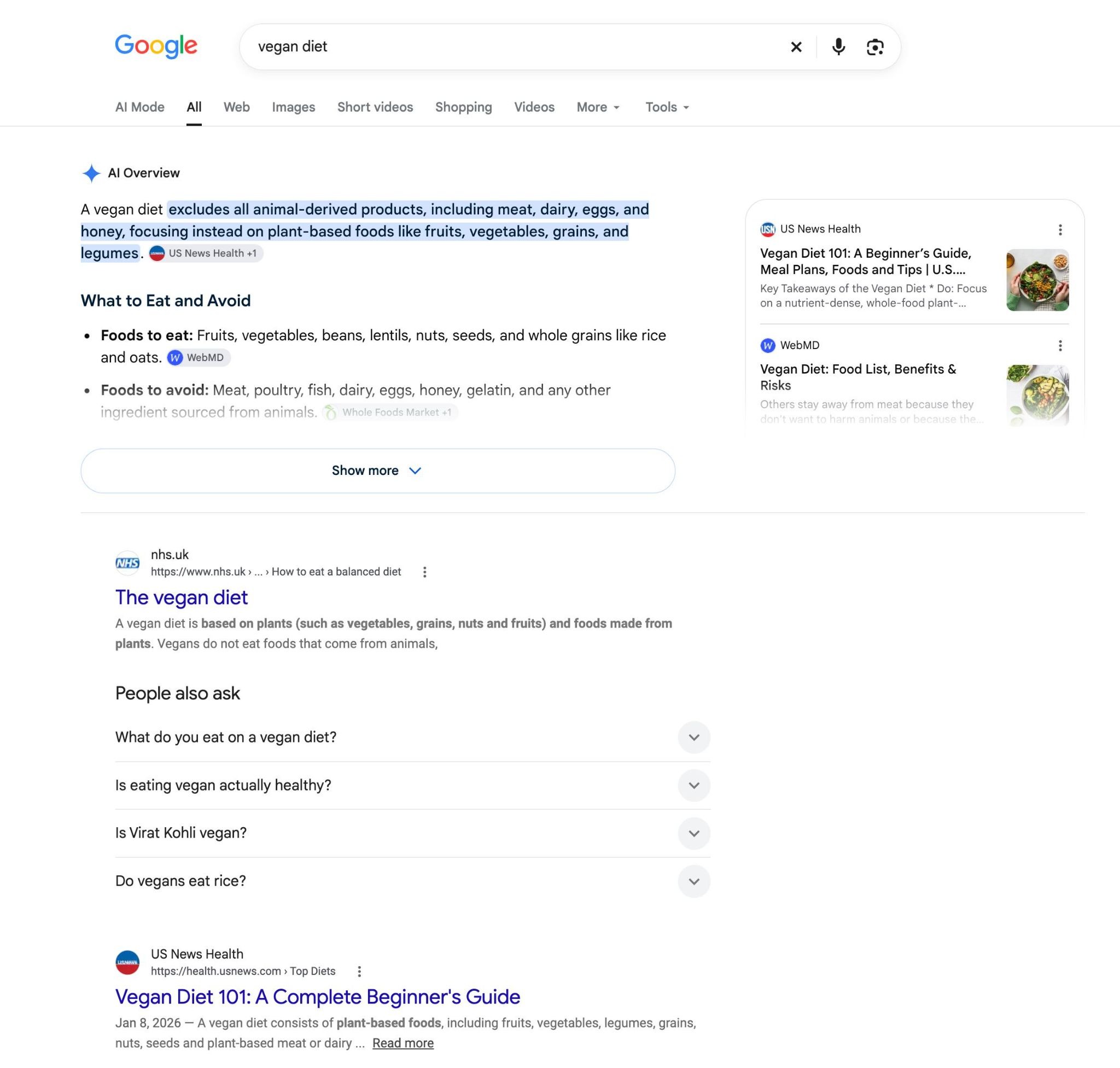谷歌搜索「vegan diet」,首屏是 AI Overview、自然结果和 People Also Ask 模块