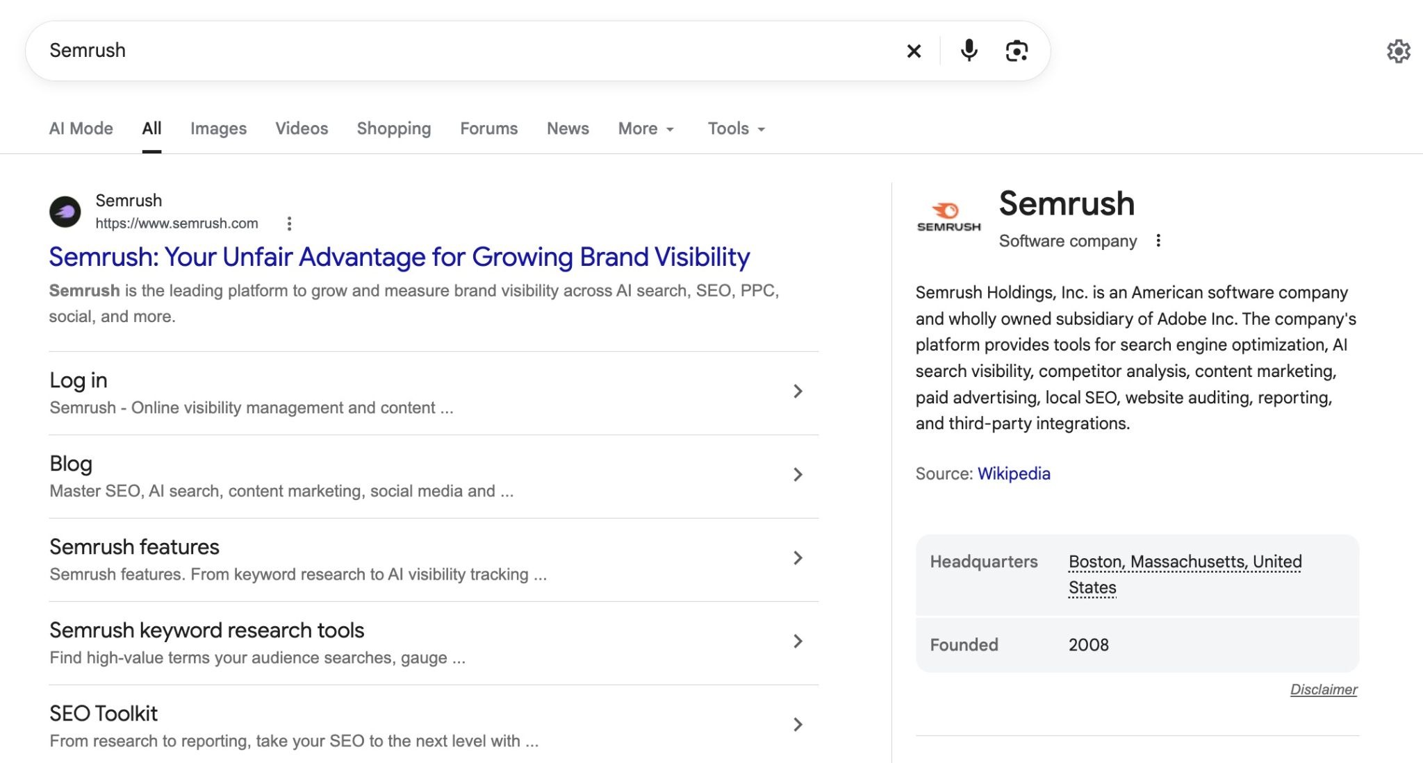 谷歌搜索「Semrush」,Semrush 官网带站点链接排在首位