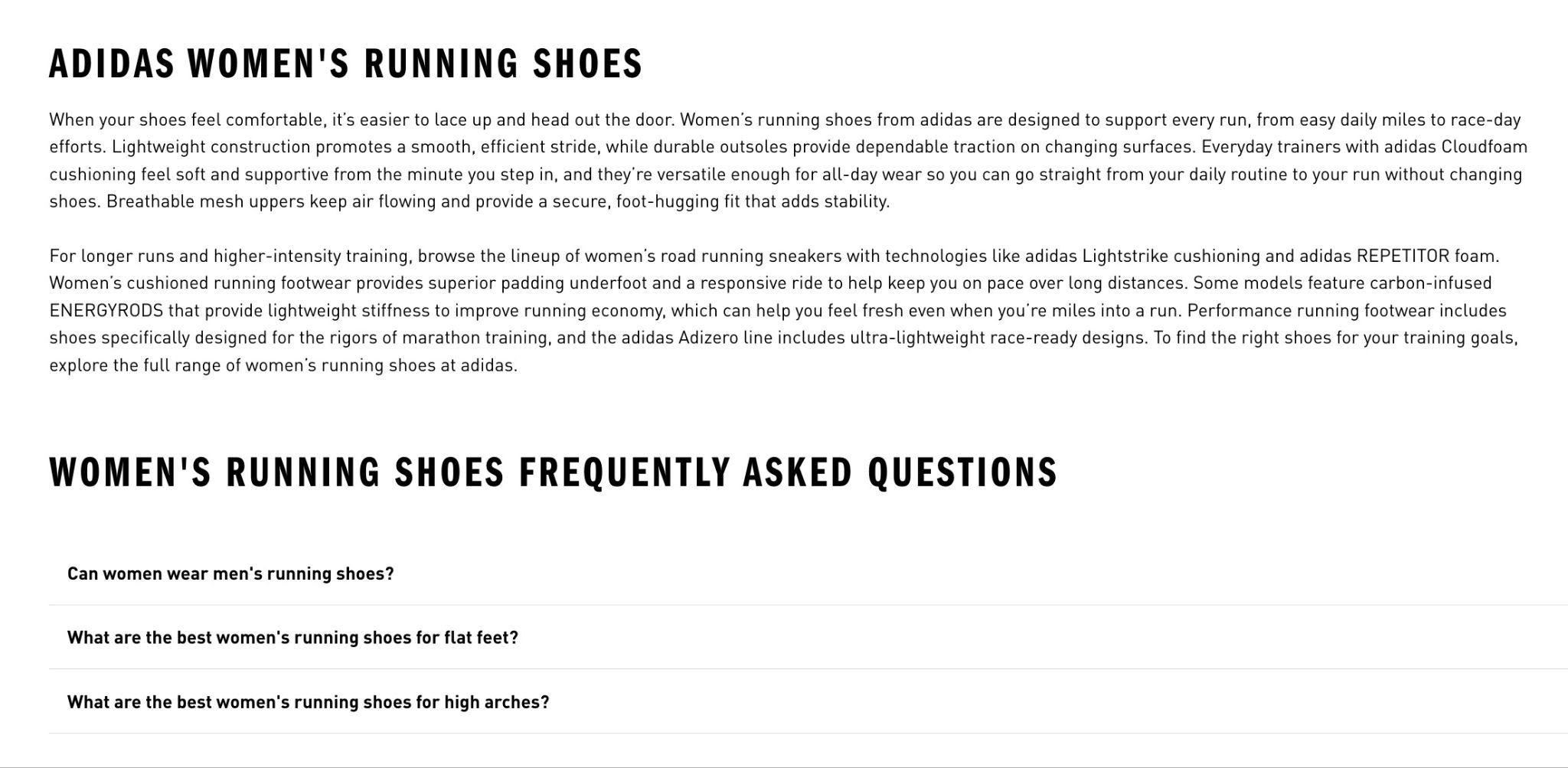 Adidas 面向「女款跑鞋」关键词的页面片段