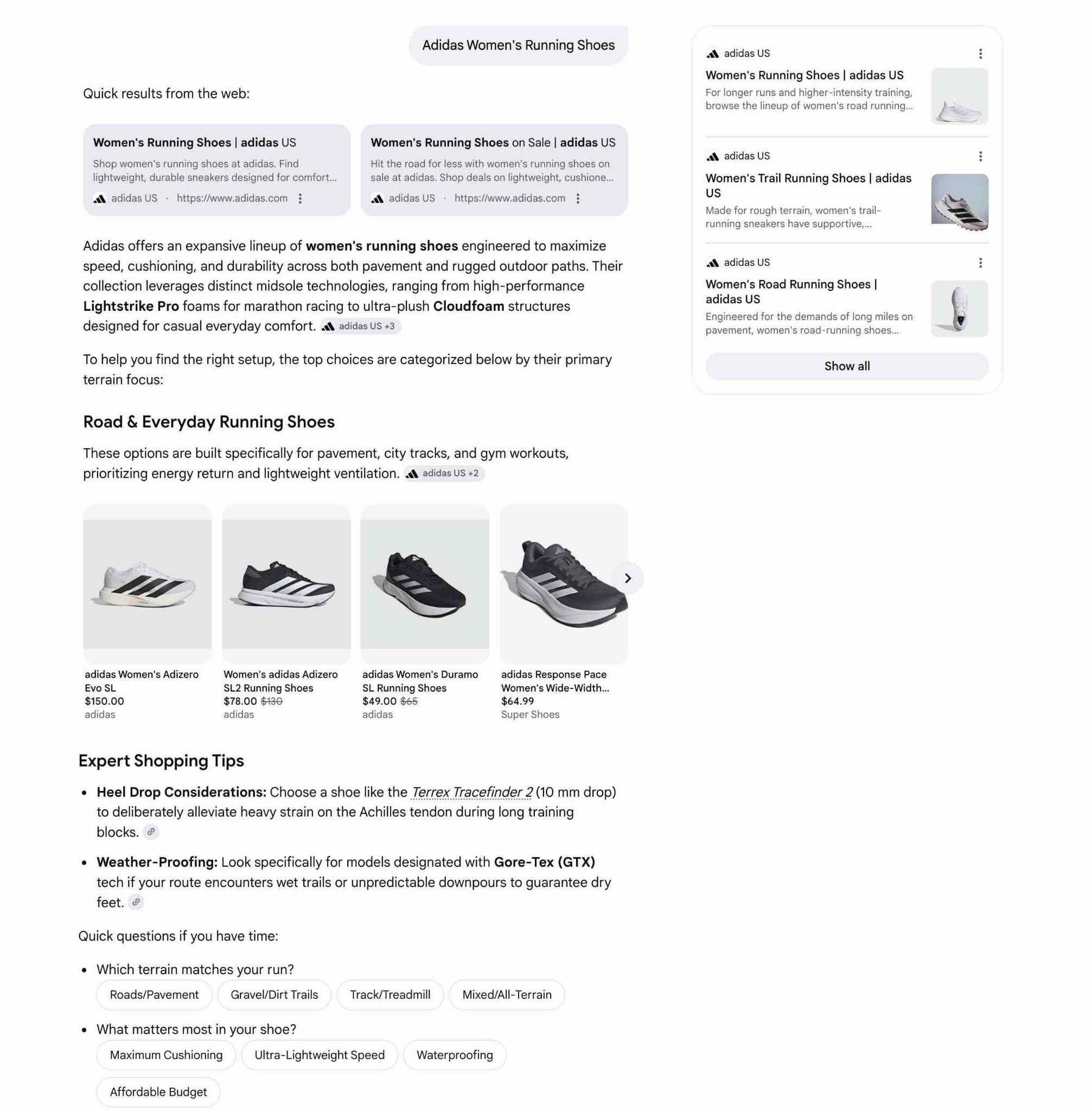 谷歌 AI Mode 对「Adidas 女款跑鞋」提示词的回应