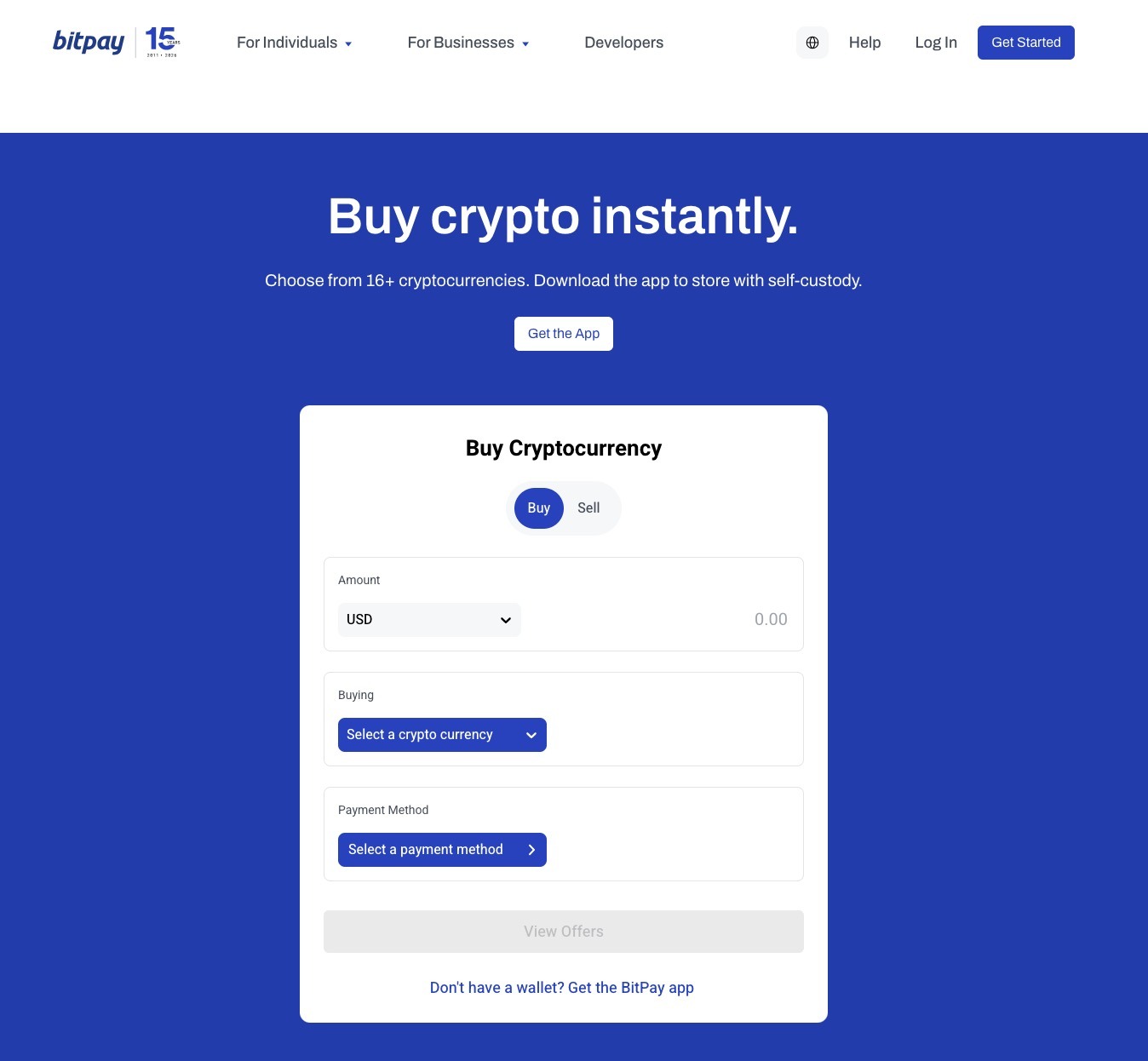 BitPay 面向「buy crypto online」的页面:购买表单