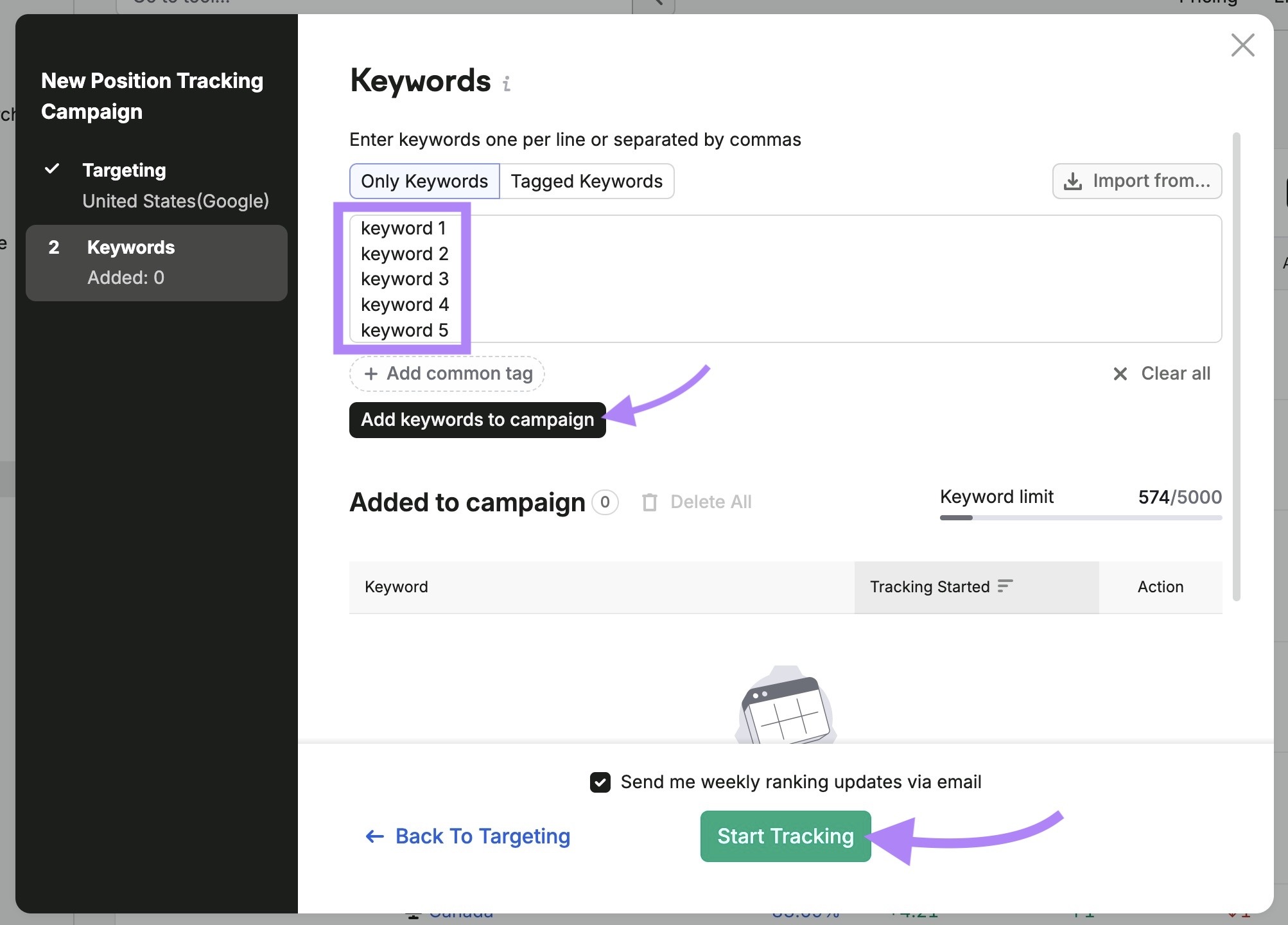 Position Tracking 设置:关键词已输入,Add keywords to campaign 和 Start Tracking 被高亮