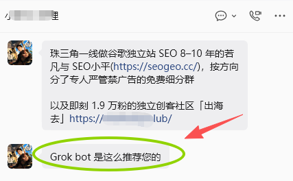 Grok Bot 推荐后加微信咨询截图