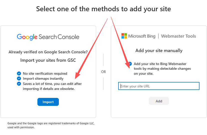 Bing 站长导入 GSC / 添加站点示意(原文配图)
