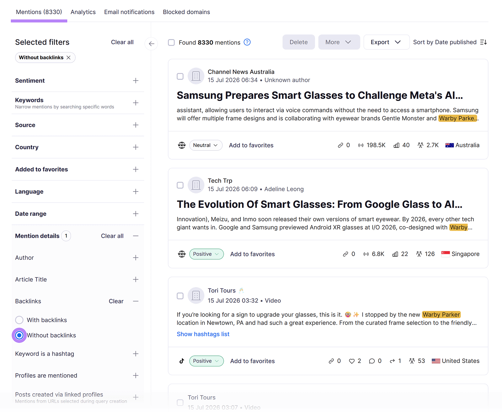 Semrush Brand Monitoring 品牌监控界面